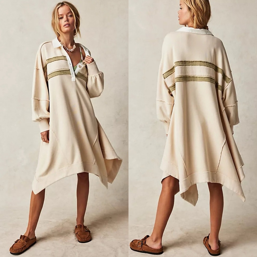 Free People Beige Asymmetrical Dress with Olive Stripes